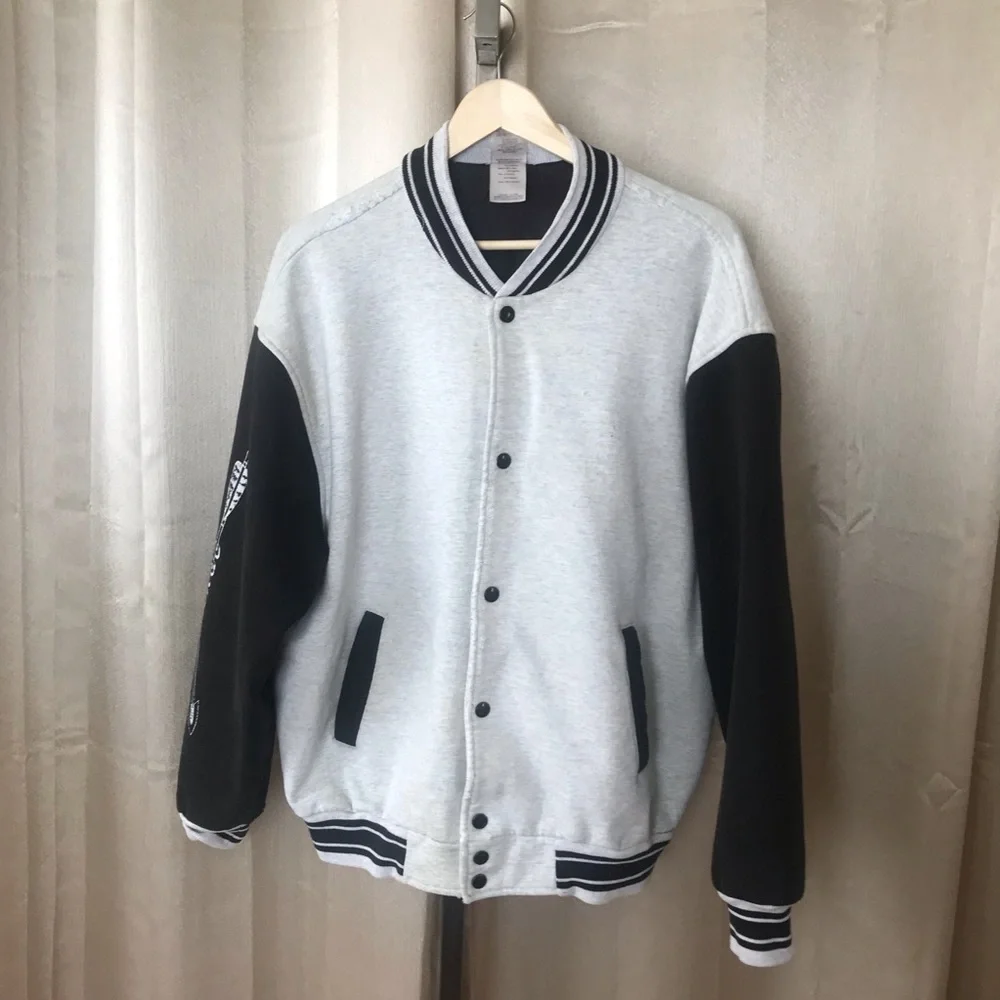 Varsity Base Ball Jacket by Fruit Of The Loom Vintage Distressed Grey. Worn